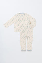 Avauma baby girl pajama set in Sky Blossom – cream base with blue floral print, soft cotton sleepwear